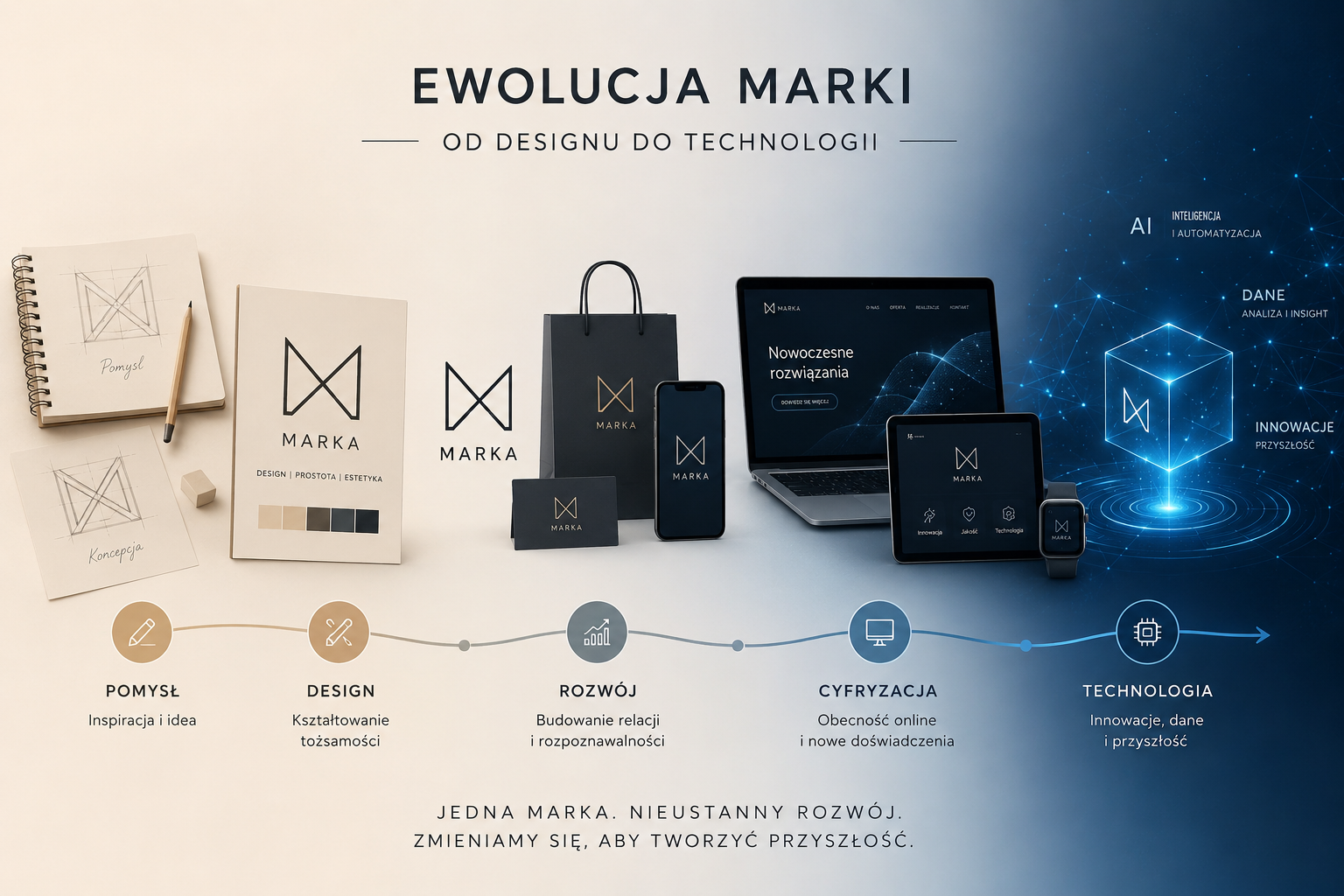 Infografika przedstawiająca ewolucję marki od designu do technologii – proces budowania nowoczesnej marki poprzez identyfikację wizualną, rozwój, cyfryzację i wykorzystanie sztucznej inteligencji.