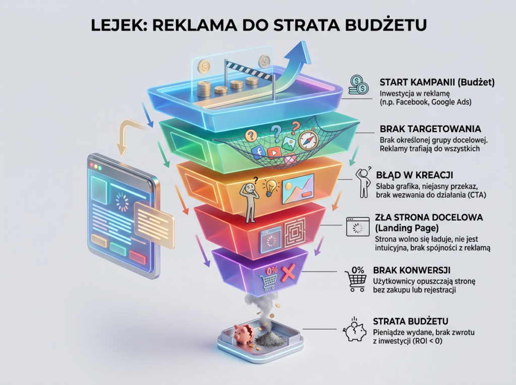 Advertising funnel showing stages causing budget loss from campaign start to no conversion and budget waste