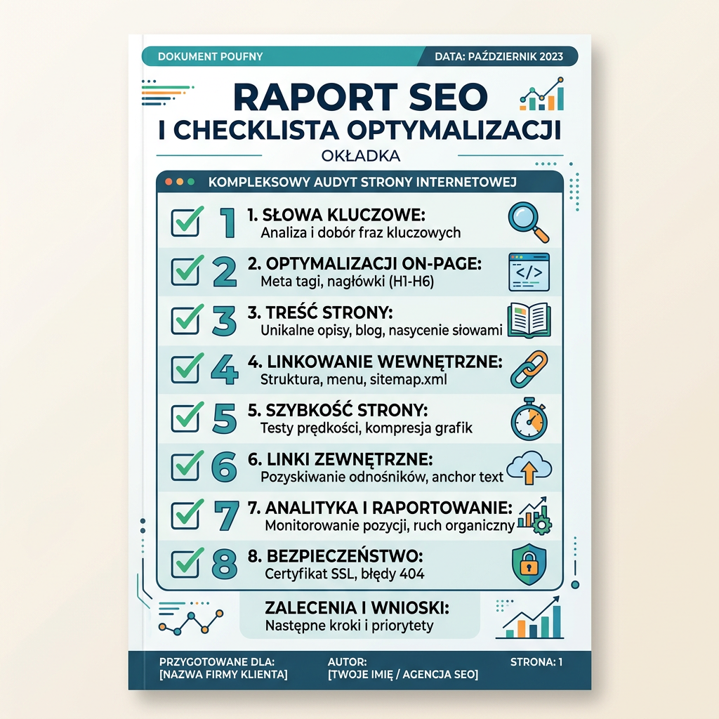 SEO audit and optimization checklist with eight key areas and icons