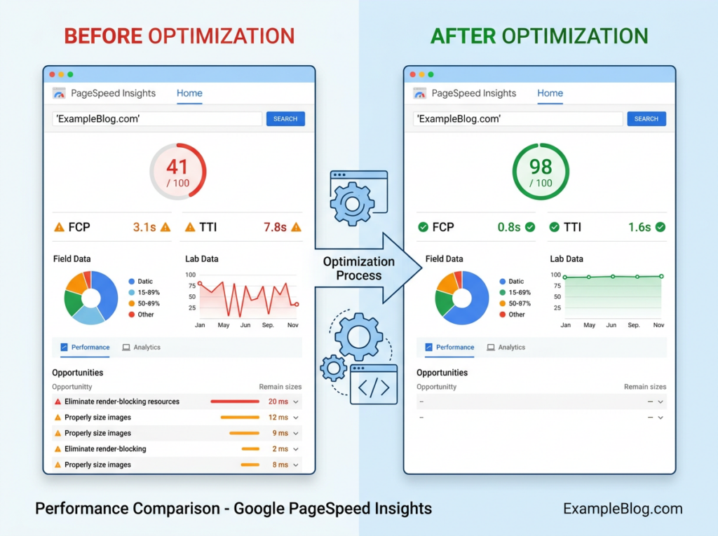 Google PageSpeed comparison before and after optimization