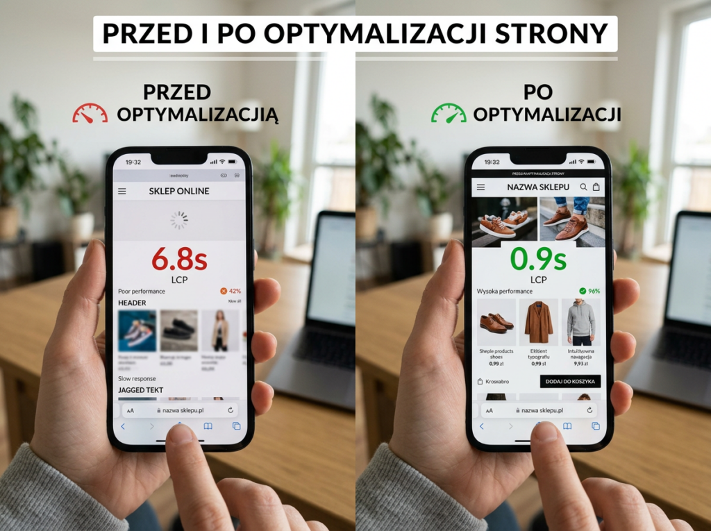 Mobile phone showing online store performance before optimization with 6.8 seconds load time and after optimization with 0.9 seconds load time